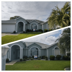 Before and after comparison of a home exterior in Ocala, showcasing the effects of professional power washing on the roof and driveway, emphasizing cleanliness and maintenance in Florida's humid climate.