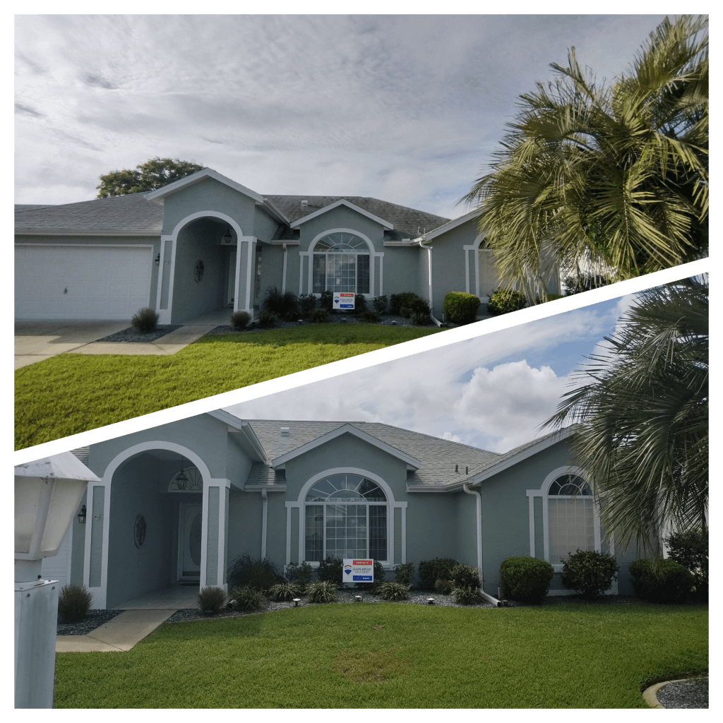 Before and after comparison of a home exterior in Ocala, showcasing the effects of professional power washing on the roof and driveway, emphasizing cleanliness and maintenance in Florida's humid climate.