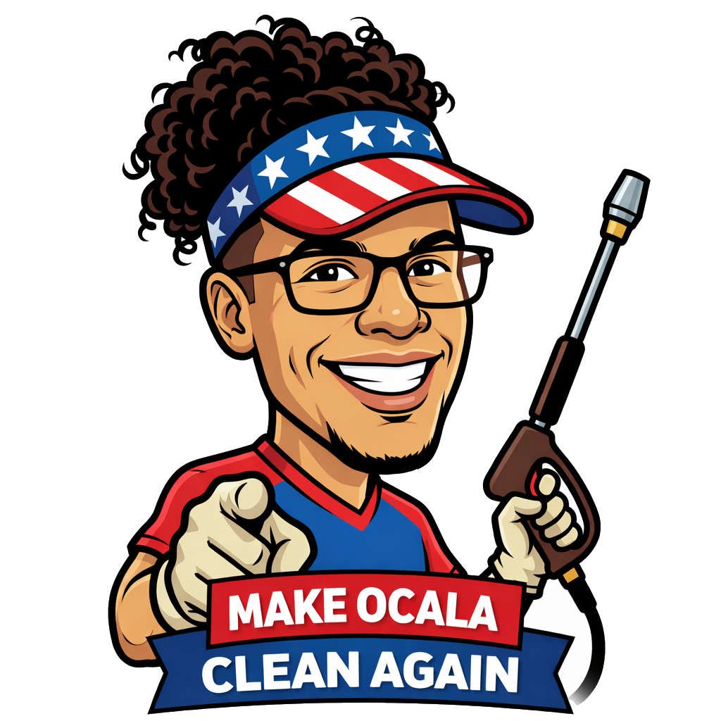 Cartoon of a smiling man with glasses, curly hair, and a star-spangled visor, holding a pressure washer. Below, a banner reads "Make Ocala Clean Again."